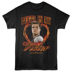 Black t-shirt with 'PETA IS MY VICTOR' text and a character from 'The Hunger Games' on a white background