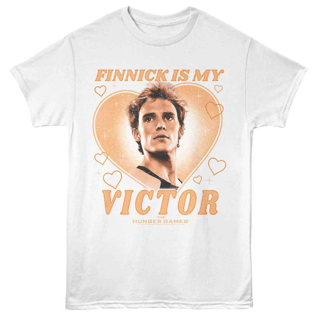 White Hunger Games t-shirt with 'Finnick is my Victor' graphic design on a white background
