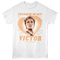 White Hunger Games t-shirt with 'Finnick is my Victor' graphic design on a white background