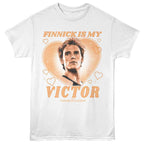 White Hunger Games t-shirt with 'Finnick is my Victor' graphic design on a white background