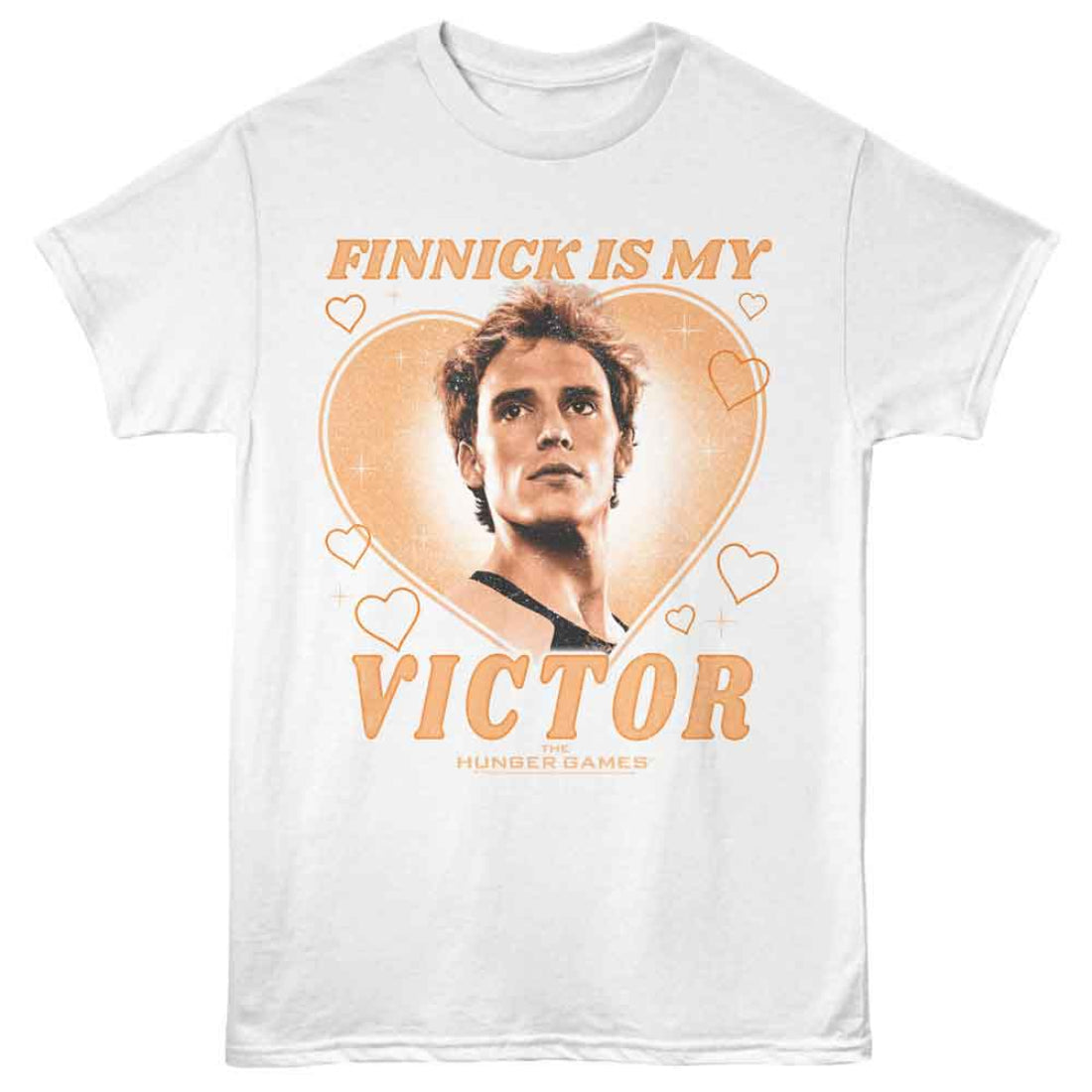 White Hunger Games t-shirt with 'Finnick is my Victor' graphic design on a white background