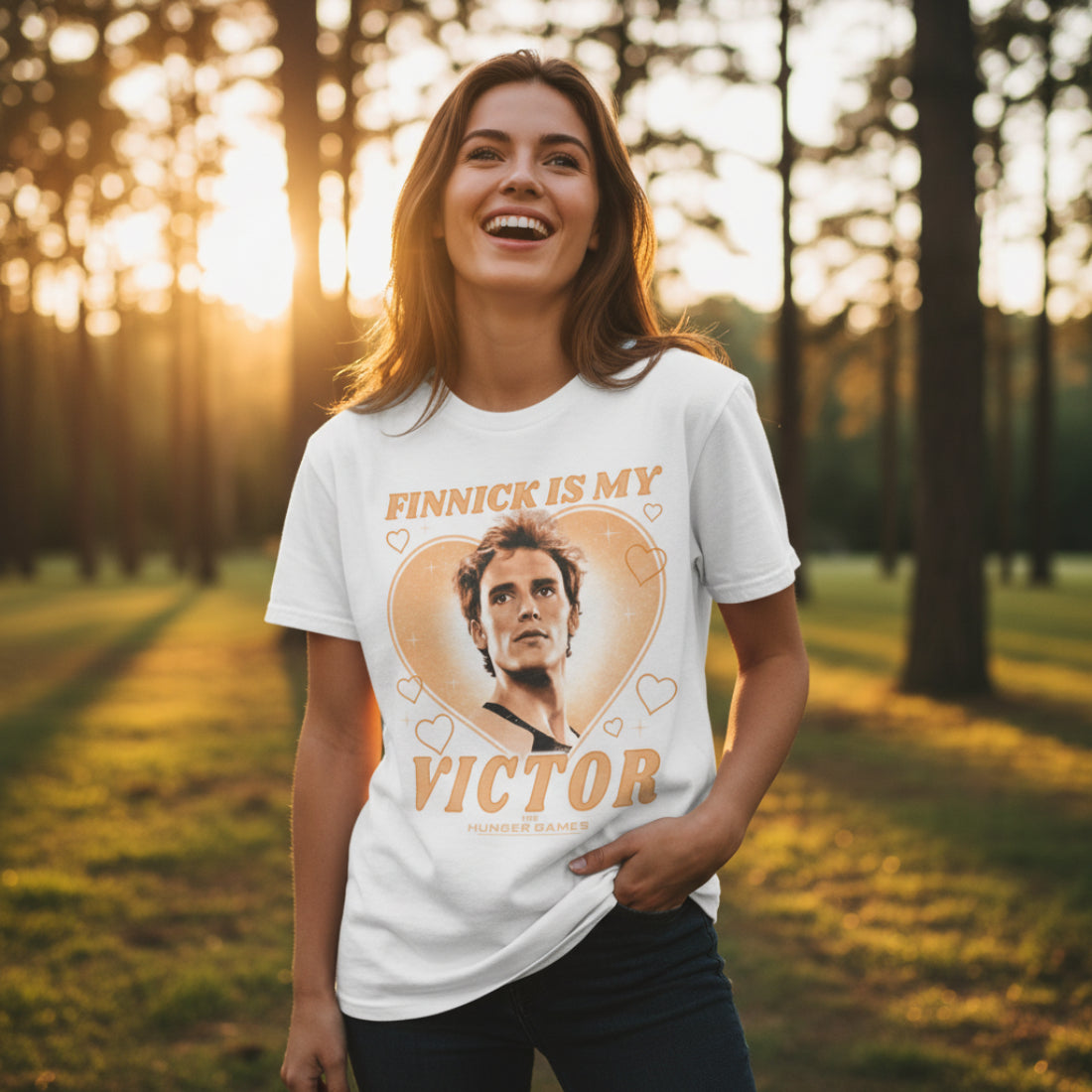 GIRL WEARING White t-shirt with 'Finnick is my Victor' graphic design  HGAM583S, HGAM583M, HGAM583L, HGAM583XL, HGAM583XXL, HGAM583XXXL, HGAM583XXXXL, HGAM583XXXXXL