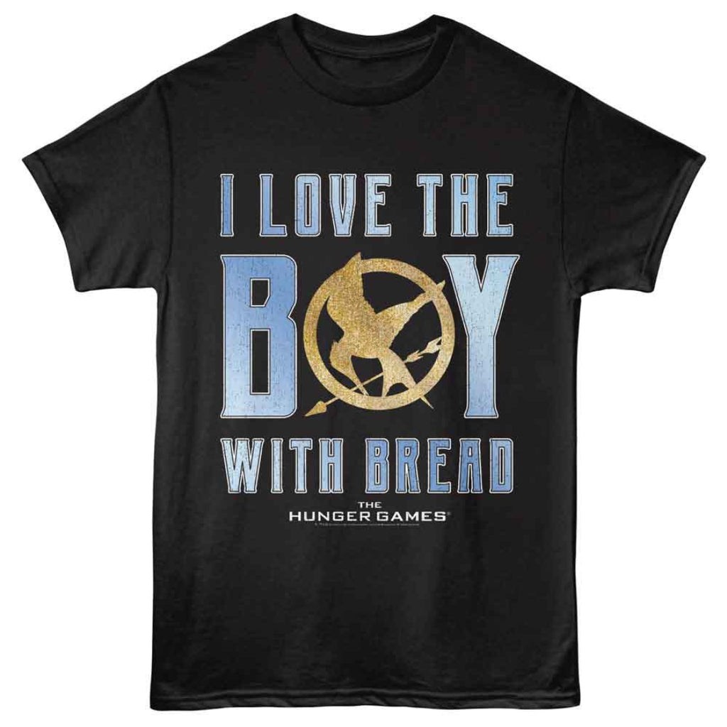 Black t-shirt with 'I Love the Boy with Bread' text and Hunger Games logo on a white background
