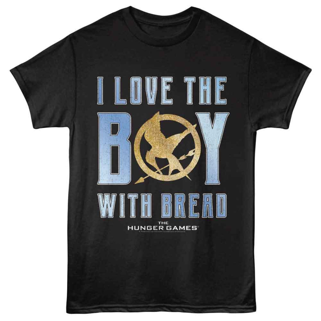 Black t-shirt with 'I Love the Boy with Bread' text and Hunger Games logo on a white background