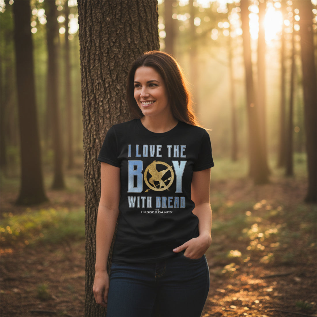 WOMAN WEARING Black t-shirt with 'I Love the Boy with Bread' text and Hunger Games logo  HGAM584S, HGAM584M, HGAM584L, HGAM584XL, HGAM584XXL, HGAM584XXXL, HGAM584XXXXL, HGAM584XXXXXL