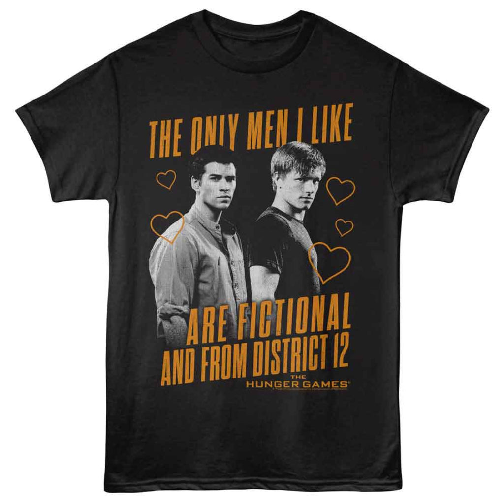 Black t-shirt with 'The Hunger Games' graphic featuring two men and text.