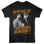Black t-shirt with 'The Hunger Games' graphic featuring two men and text.