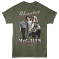 Green t-shirt with 'Shooter McGavin' graphic featuring three men and text on a white background