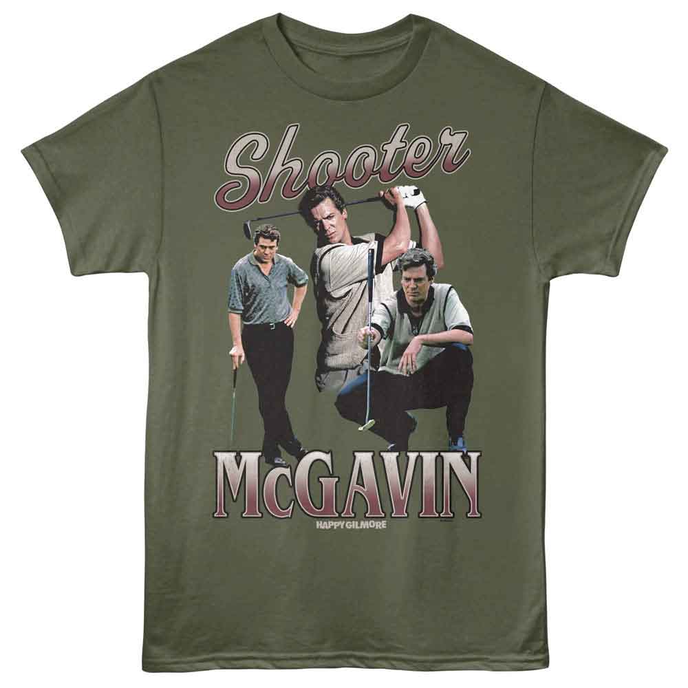 Green t-shirt with 'Shooter McGavin' graphic featuring three men and text on a white background