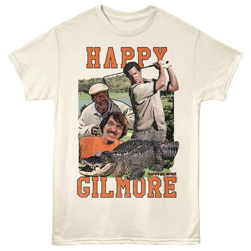 T-shirt with 'Happy Gilmore' graphic featuring a golfer and alligator on a beige background