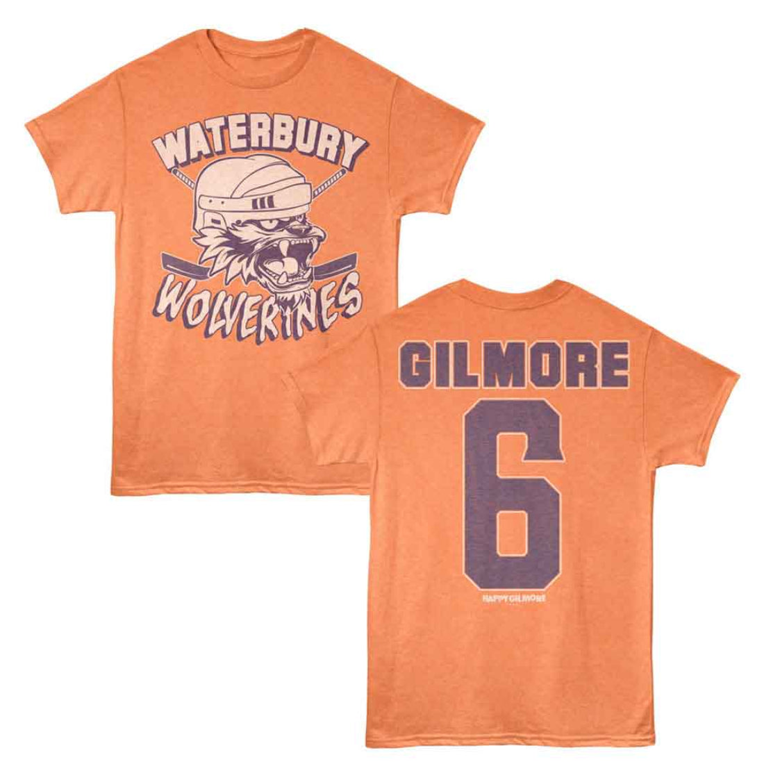Orange HAPPY GILMORE t-shirt with 'Waterbury Wolverines' graphic on front and 'Gilmore 6' on back