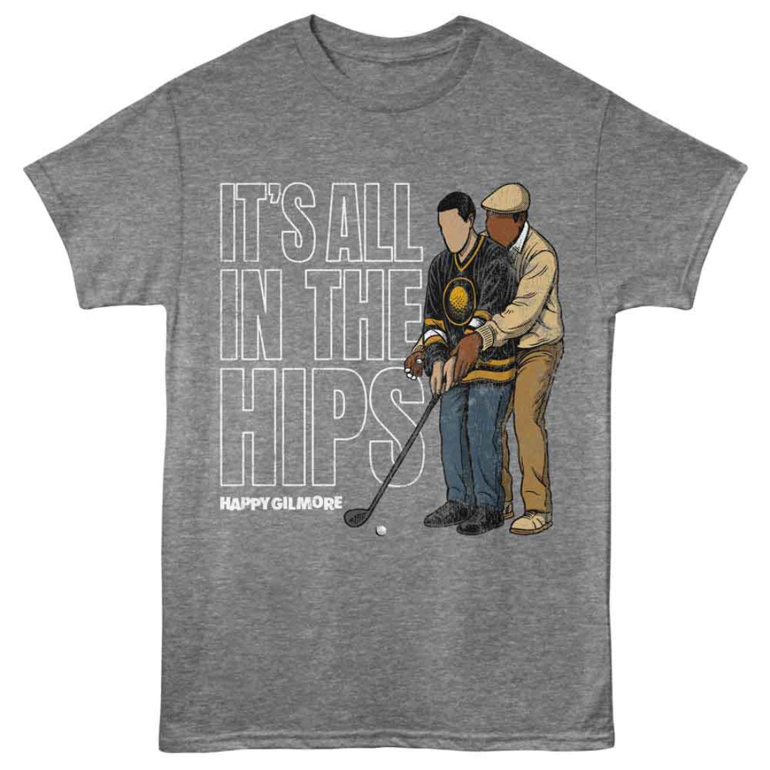 Gray t-shirt with 'It's All in the Hips' graphic and 'Happy Gilmore' text on a white background