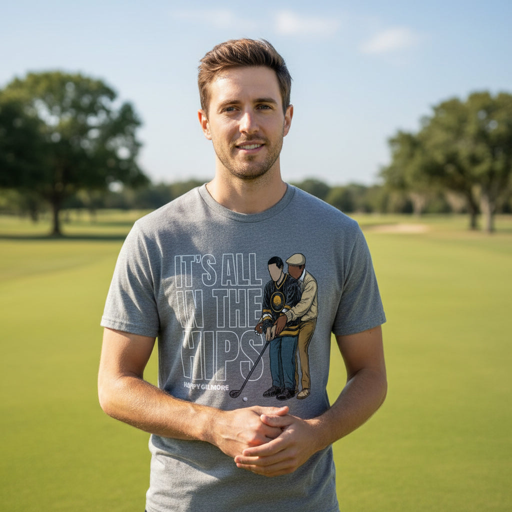 man wearing Happy Gilmore  Gray t-shirt with 'It's All in the Hips' graphic and text, featuring two men and a golf club. HGIL545S, HGIL545M, HGIL545L, HGIL545XL, HGIL545XXL, HGIL545XXXL, HGIL545XXXXL, HGIL545XXXXXL