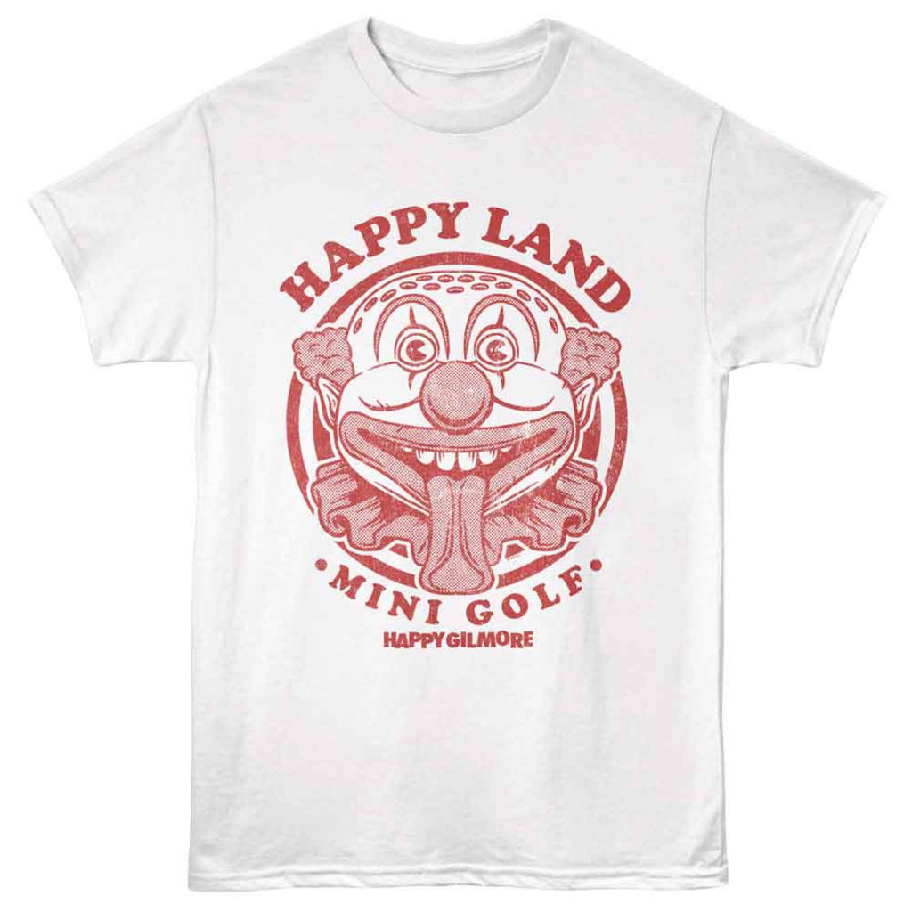 White Happy Gilmore t-shirt with red graphic and text 'Happy Land Mini Golf' on a white background