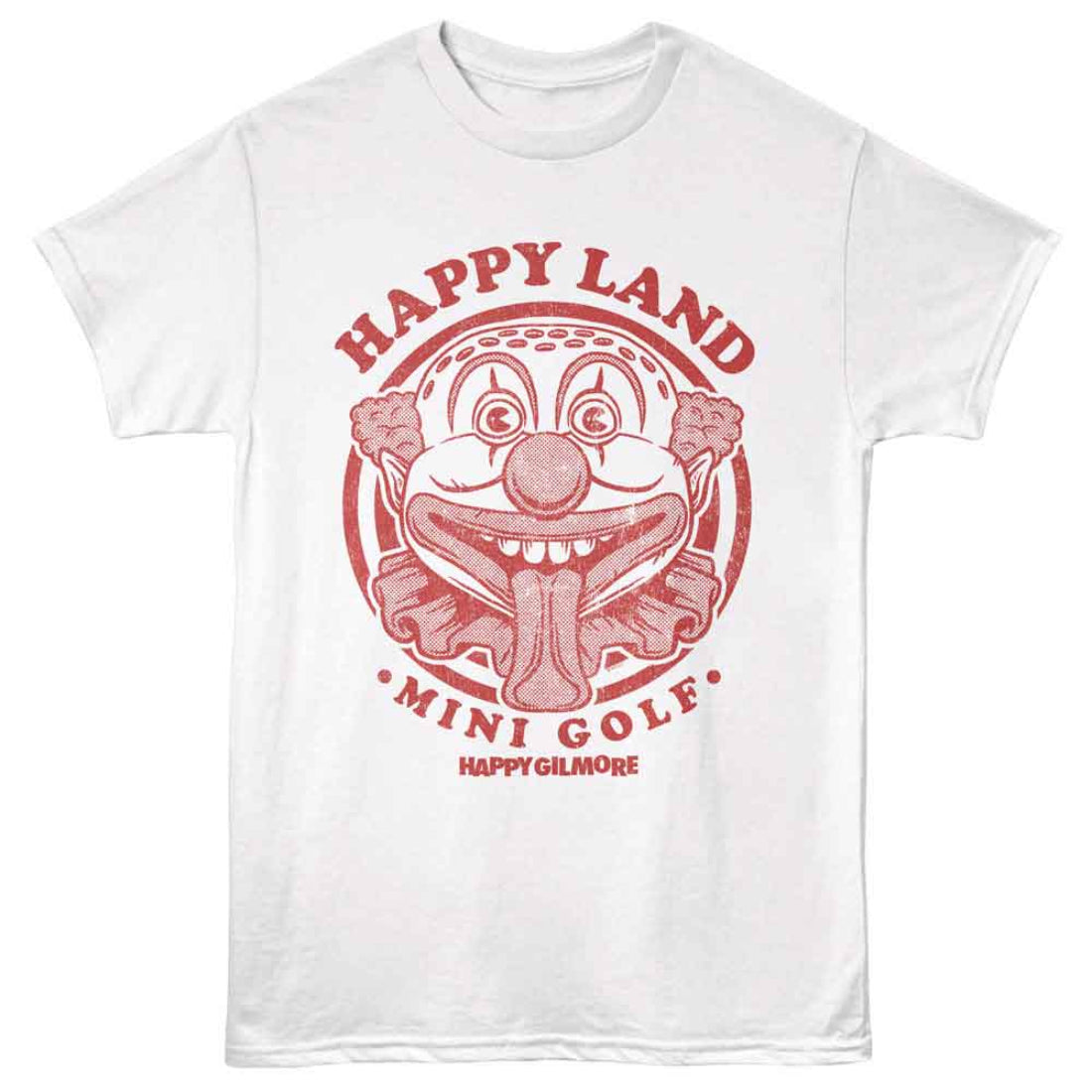 White Happy Gilmore t-shirt with red graphic and text 'Happy Land Mini Golf' on a white background