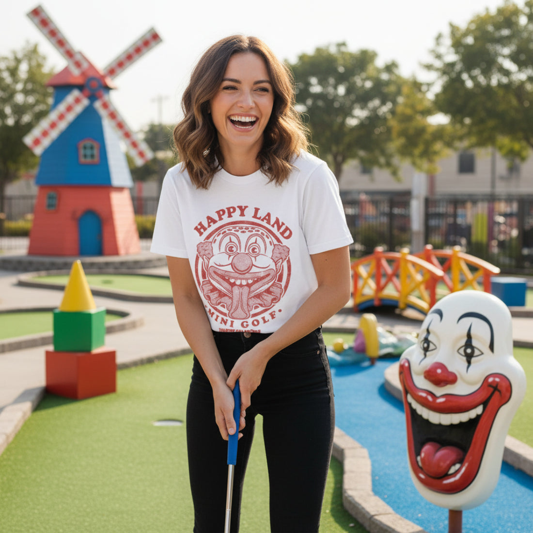 WOMAN WEARING White HAPPY GILMORE t-shirt with red clown graphic and text 'Happy Land Mini Golf' HGIL546S, HGIL546M, HGIL546L, HGIL546XL, HGIL546XXL, HGIL546XXXL, HGIL546XXXXL, HGIL546XXXXXL