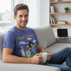 Man wearing Blue t-shirt with 'Happy Gilmore' graphic and text HGIL547S, HGIL547M, HGIL547L, HGIL547XL, HGIL547XXL, HGIL547XXXL