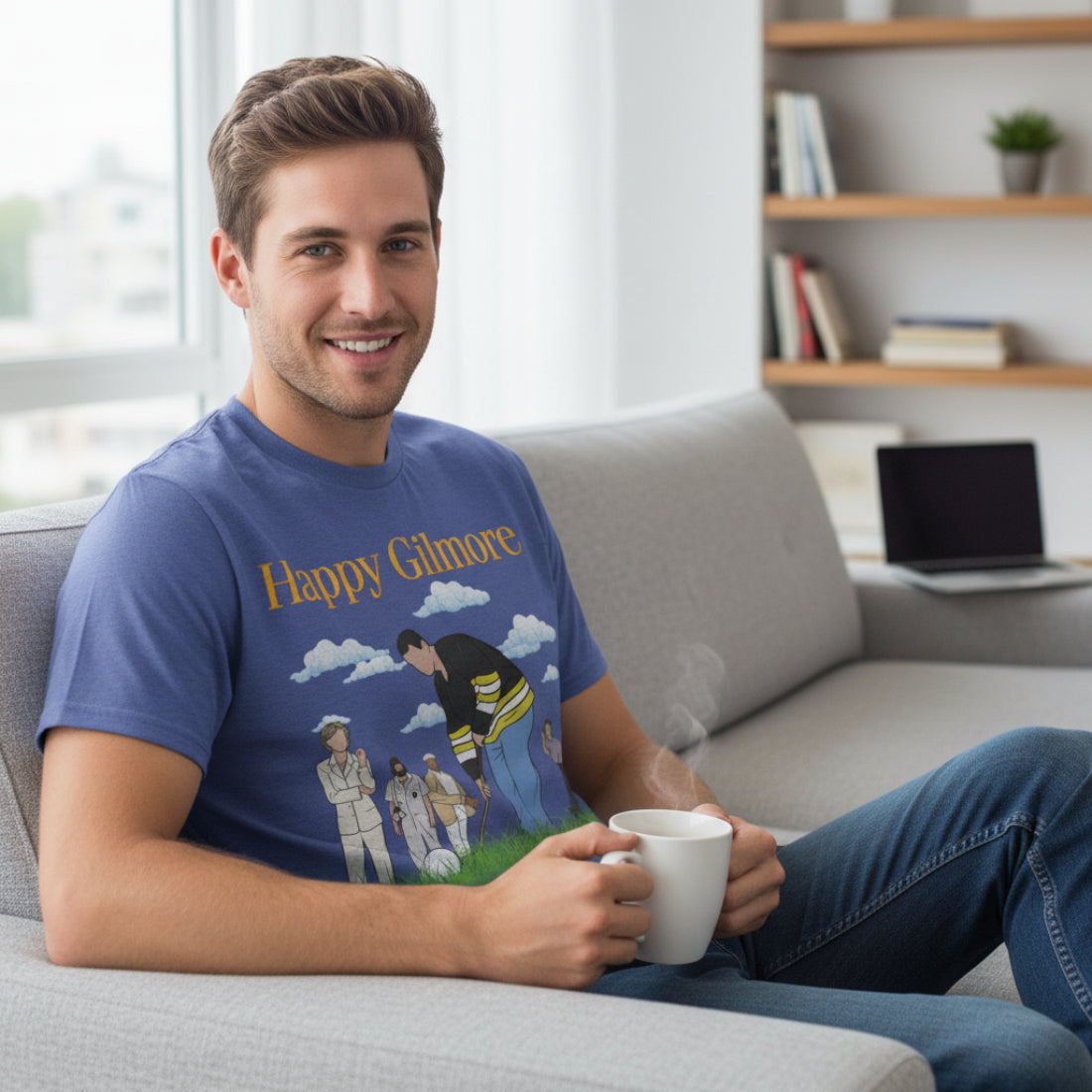 Man wearing Blue t-shirt with 'Happy Gilmore' graphic and text HGIL547S, HGIL547M, HGIL547L, HGIL547XL, HGIL547XXL, HGIL547XXXL