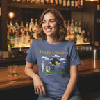 Woman wearing Blue t-shirt with 'Happy Gilmore' graphic and text HGIL547S, HGIL547M, HGIL547L, HGIL547XL, HGIL547XXL, HGIL547XXXL