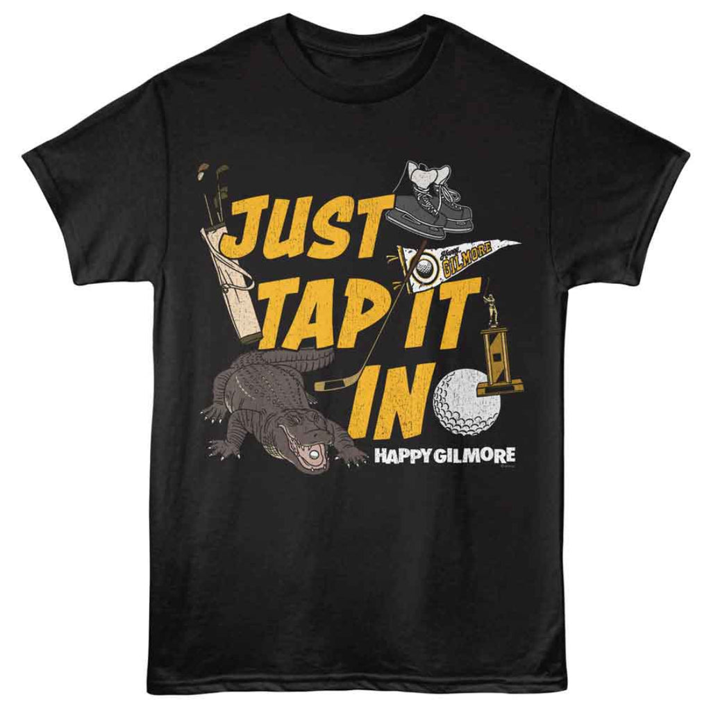 Black t-shirt with 'Just Tap It In' graphic and 'Happy Gilmore' text