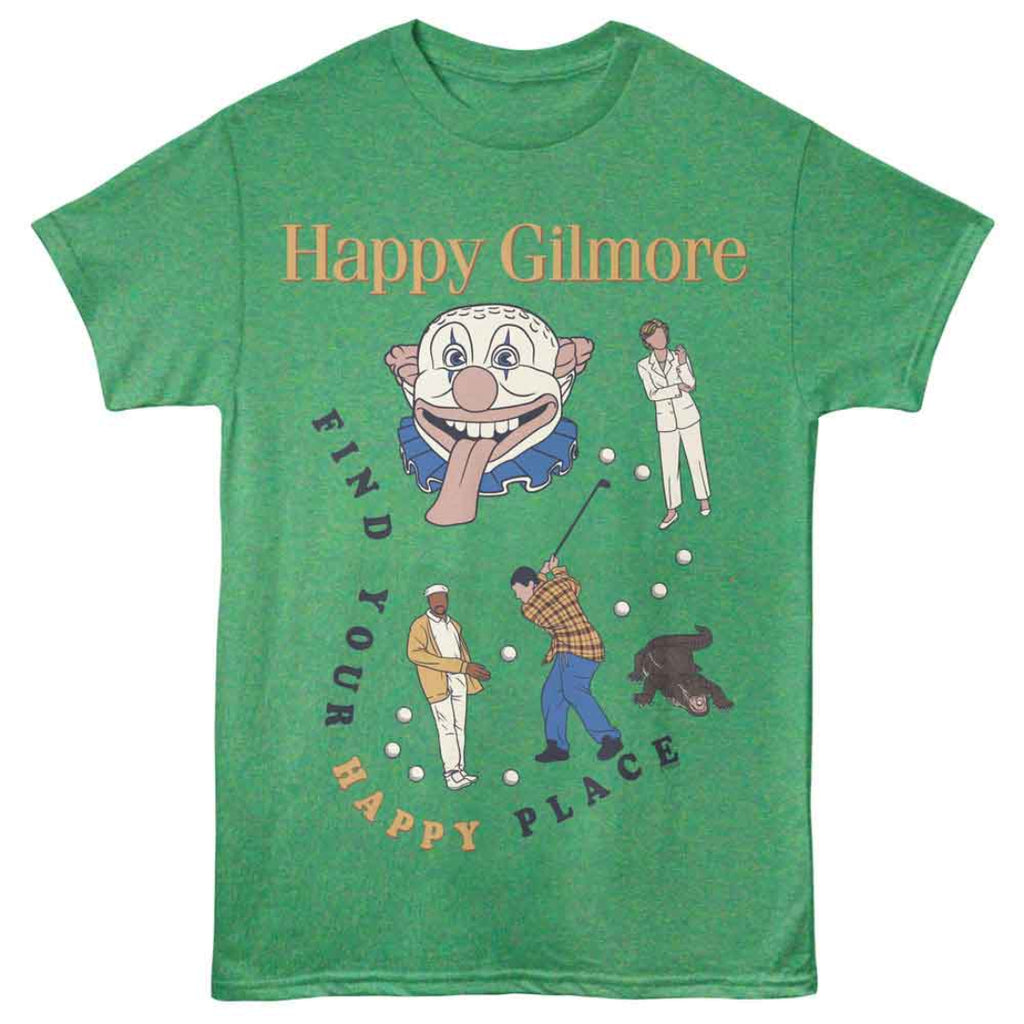 Green t-shirt with 'Happy Gilmore' graphic design featuring a clown and golfers on a white background.
