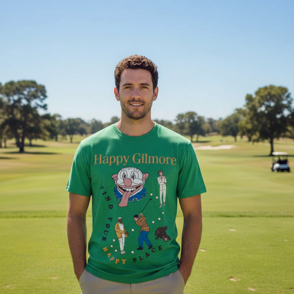 Man wearing Green t-shirt with 'Happy Gilmore' graphic design featuring a cartoon character and text. HGIL549S, HGIL549M, HGIL549L, HGIL549XL, HGIL549XXL