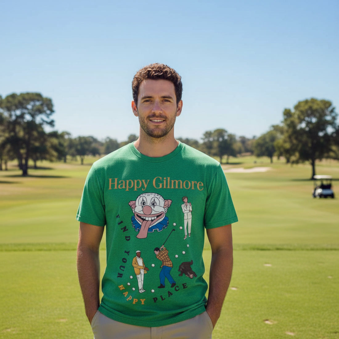 Man wearing Green t-shirt with 'Happy Gilmore' graphic design featuring a cartoon character and text. HGIL549S, HGIL549M, HGIL549L, HGIL549XL, HGIL549XXL