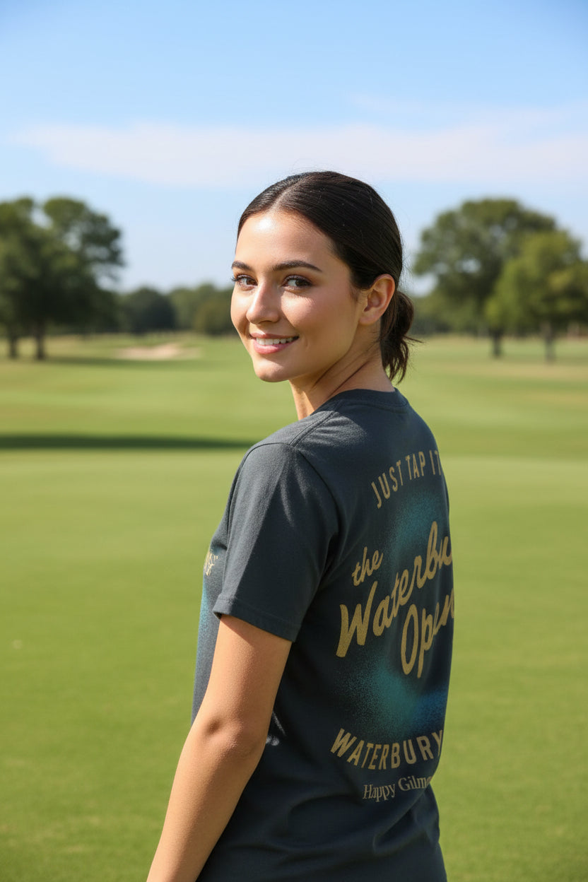 woman wearing happy gilmore tee HGIL550S, HGIL550M, HGIL550, HGIL550XL, HGIL550XXL