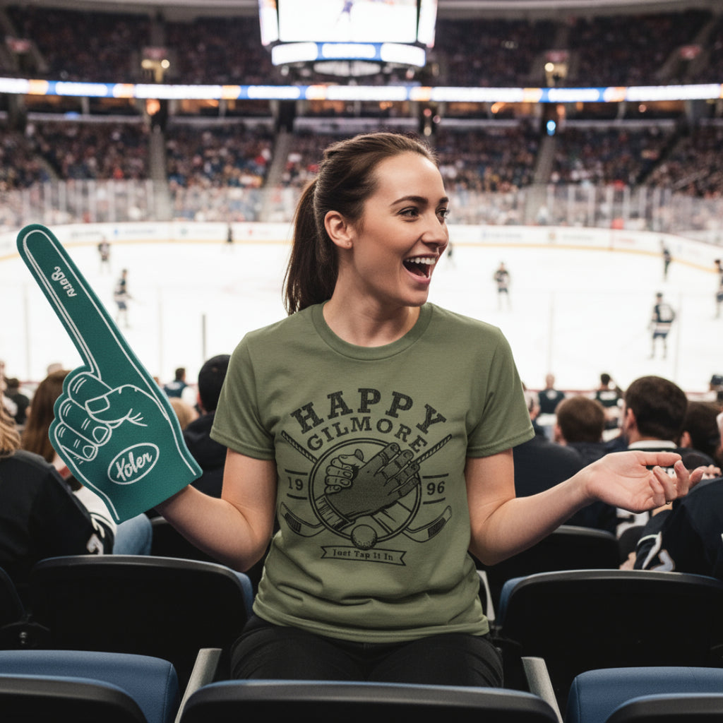 WOMAN WEARING HAPPY GILMORE HANDSHAKE T-SHIRT HGIL551S, HGIL551M, HGIL551L, HGIL551XL, HGIL551XXL, HGIL551XXXL