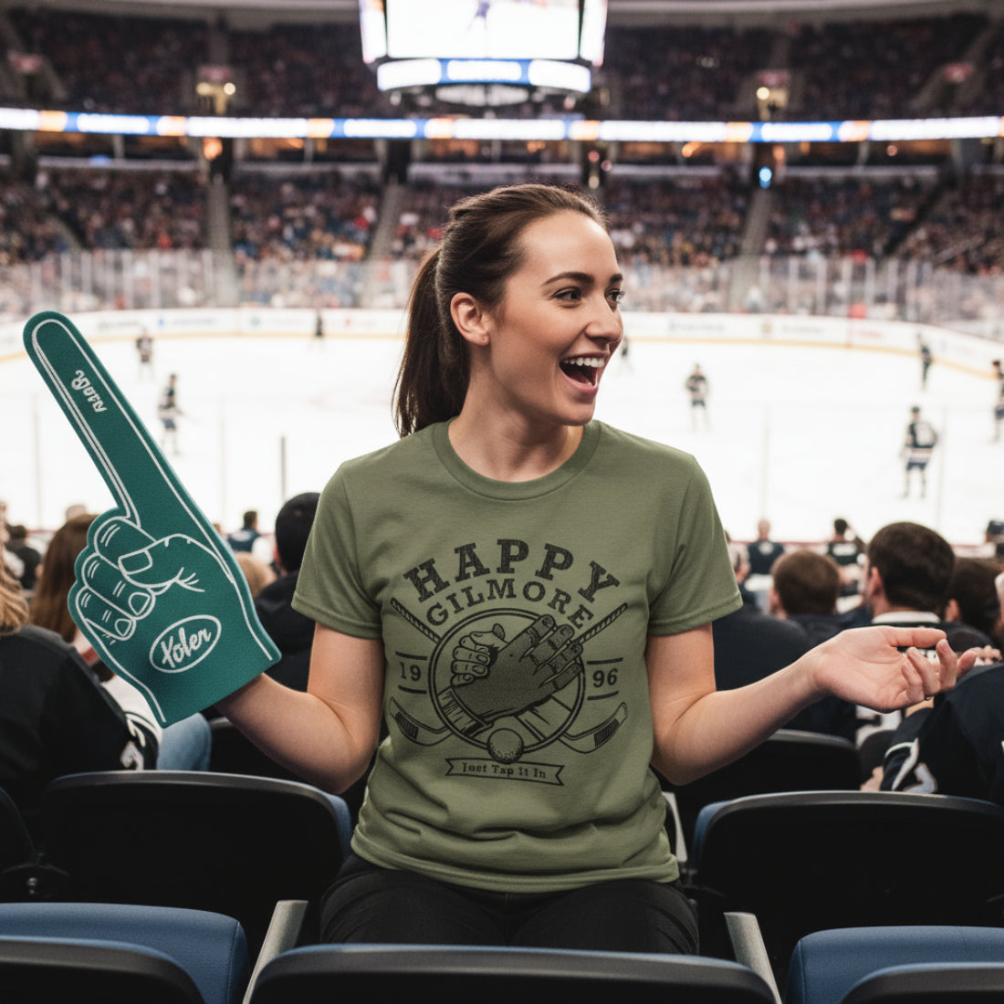 WOMAN WEARING HAPPY GILMORE HANDSHAKE T-SHIRT HGIL551S, HGIL551M, HGIL551L, HGIL551XL, HGIL551XXL, HGIL551XXXL