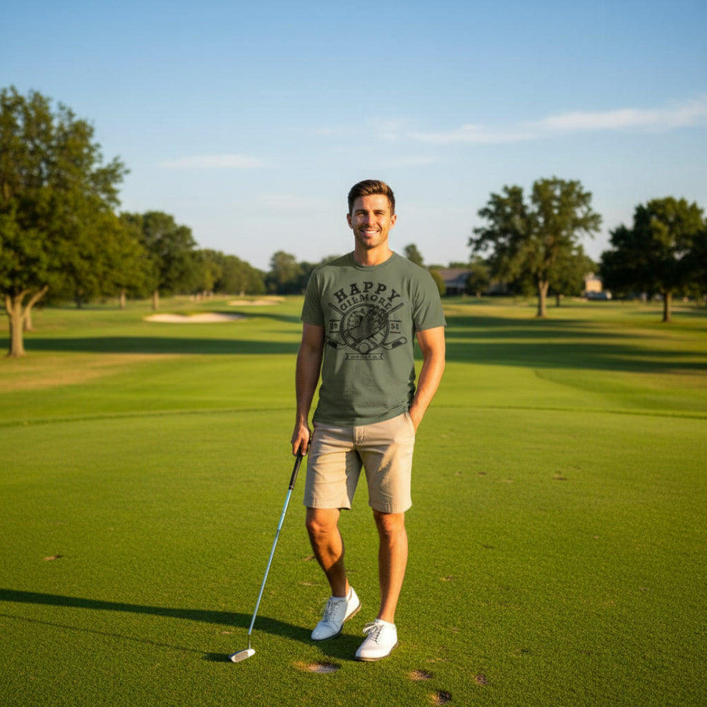 Man wearing Green Happy Gilmore t-shirt with black graphic design HGIL551S, HGIL551M, HGIL551L, HGIL551XL, HGIL551XXL, HGIL551XXXL
