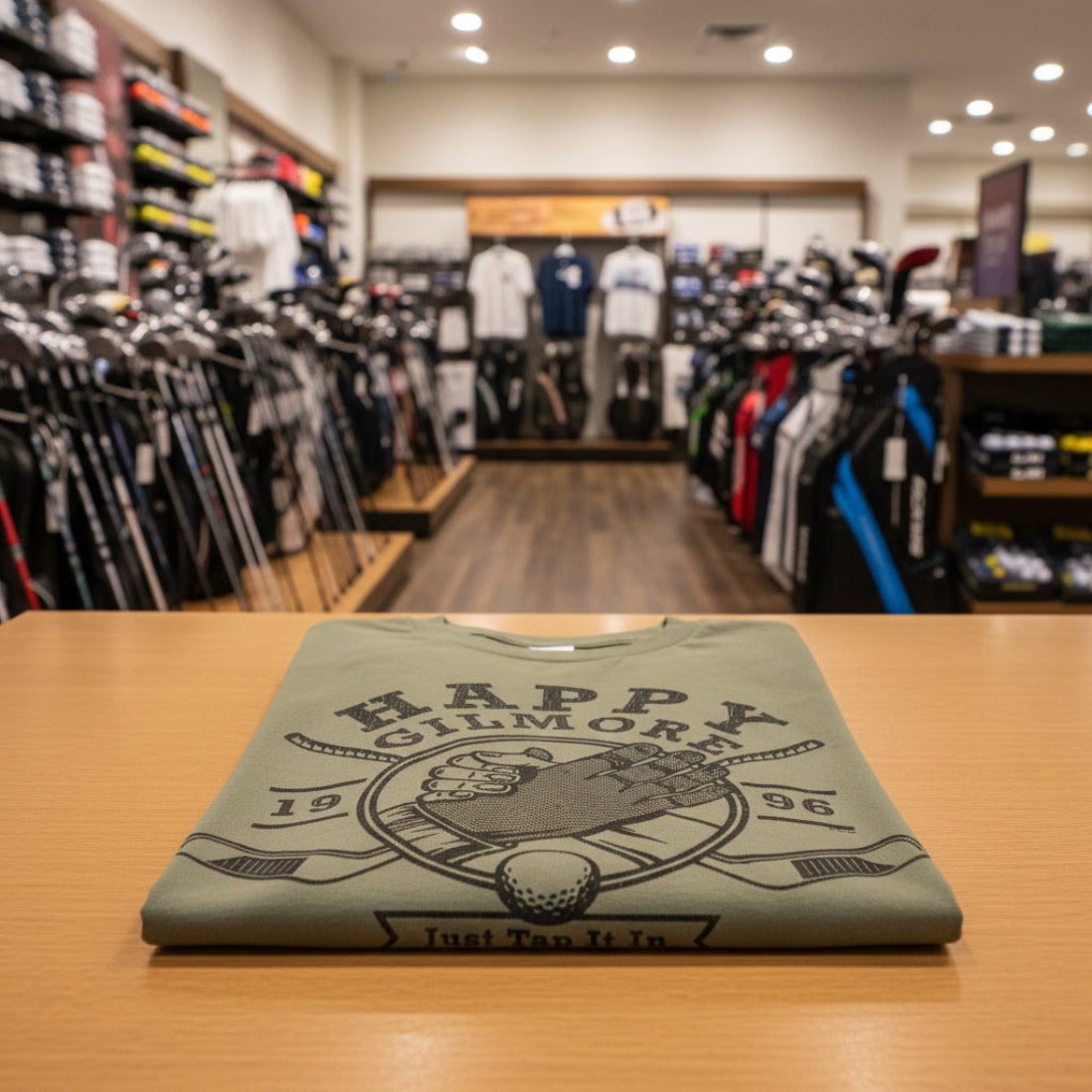 HAPPY GILMORE HANDSHAKE T-SHIRT FOLDED ON A TABLE. HGIL551S, HGIL551M, HGIL551L, HGIL551XL, HGIL551XXL, HGIL551XXXL