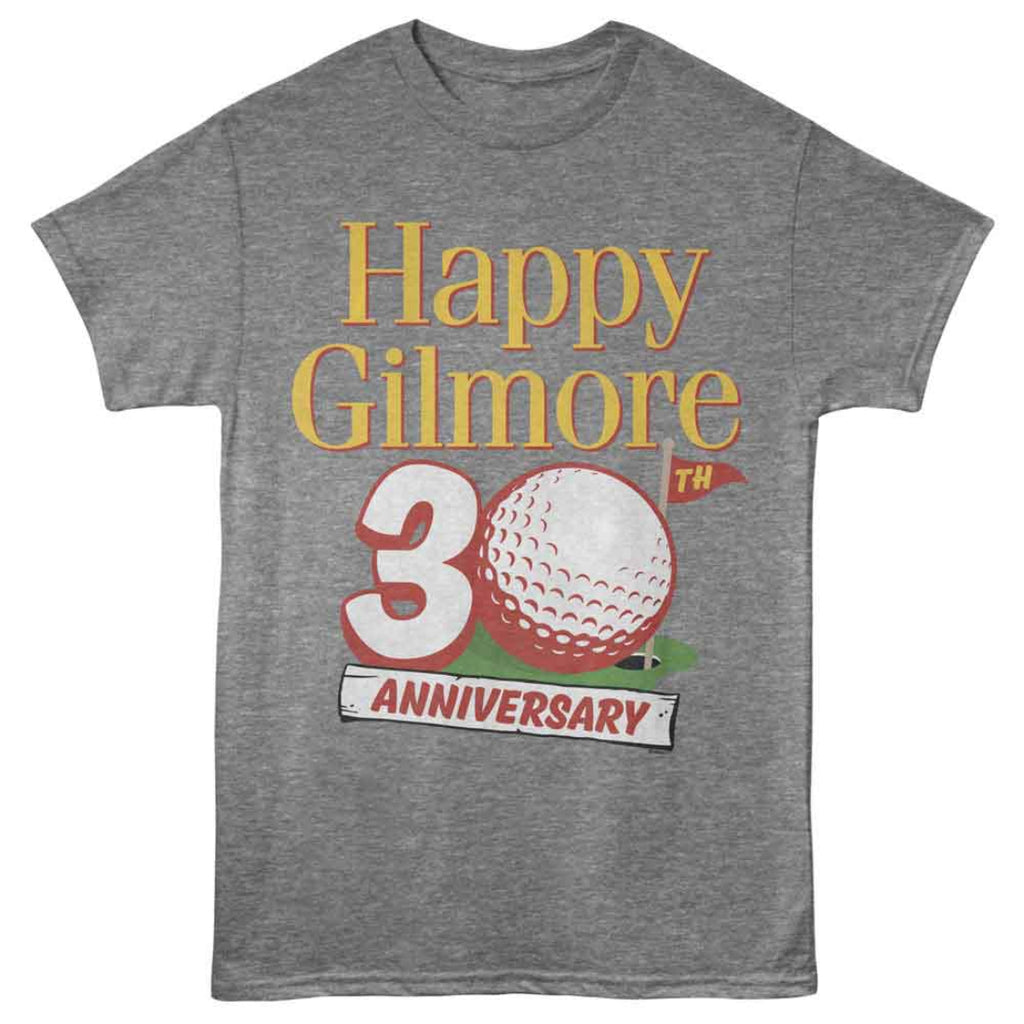 Gray t-shirt with 'Happy Gilmore' 30th anniversary graphic featuring a golf ball and flag.