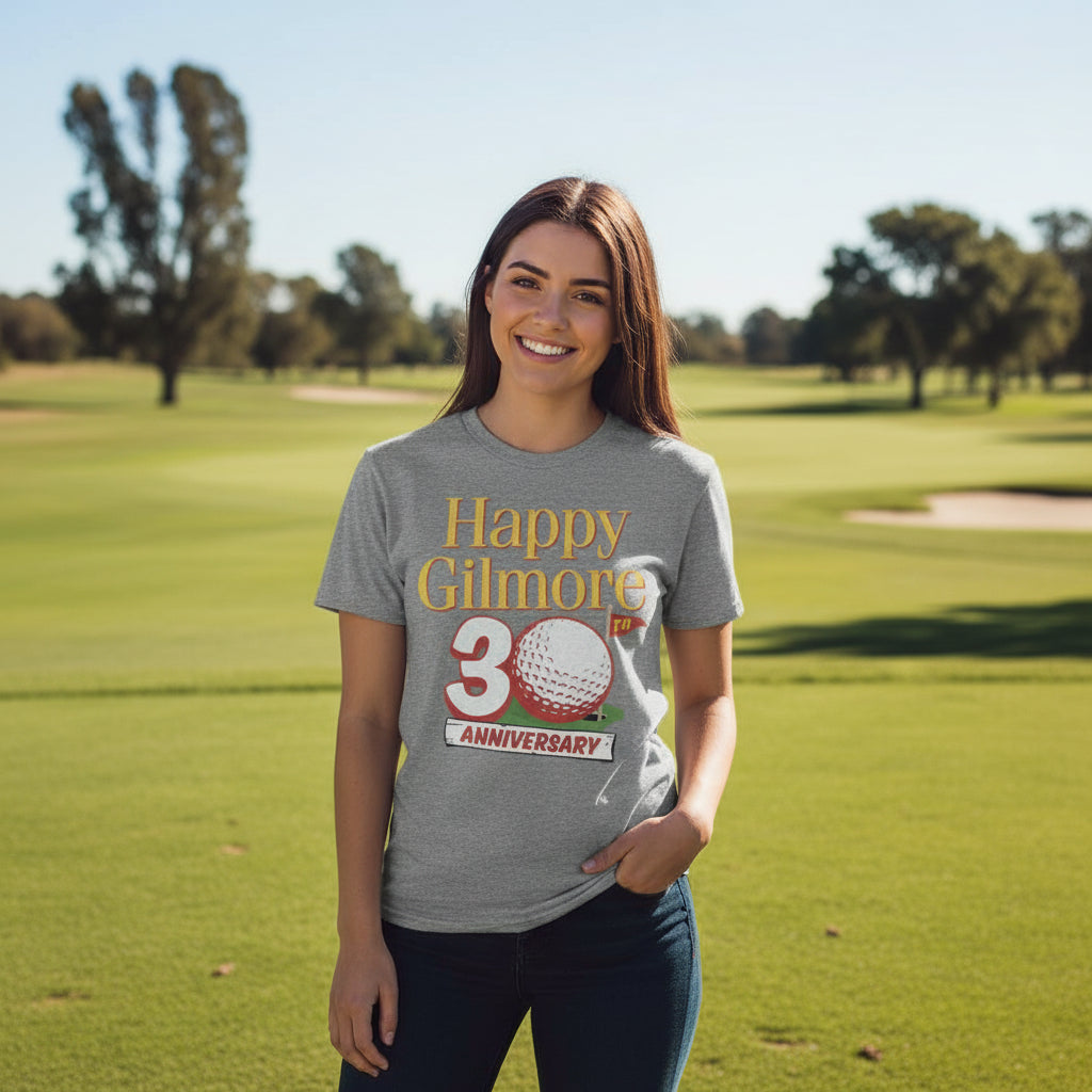 Woman wearing Gray t-shirt with 'Happy Gilmore' 30th anniversary graphic featuring a golf ball and flag. HGIL552S, HGIL552M, HGIL552L, HGIL552XL, HGIL552XXL, HGIL552XXXL, HGIL552XXXXL, HGIL552XXXXXL