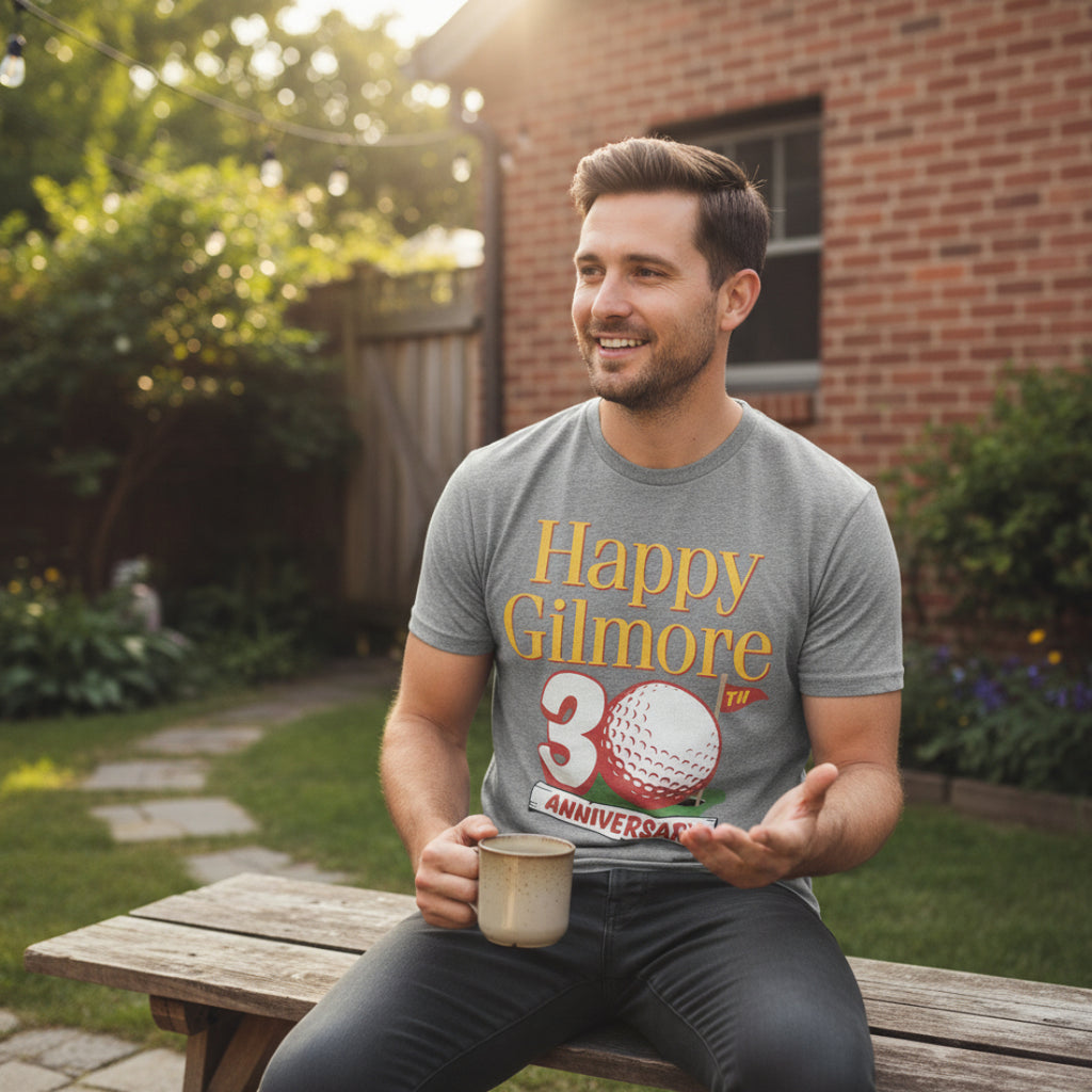 Gray t-shirt with 'Happy Gilmore' 30th anniversary graphic featuring a golf ball and flag. HGIL552S, HGIL552M, HGIL552L, HGIL552XL, HGIL552XXL, HGIL552XXXL, HGIL552XXXXL, HGIL552XXXXXL