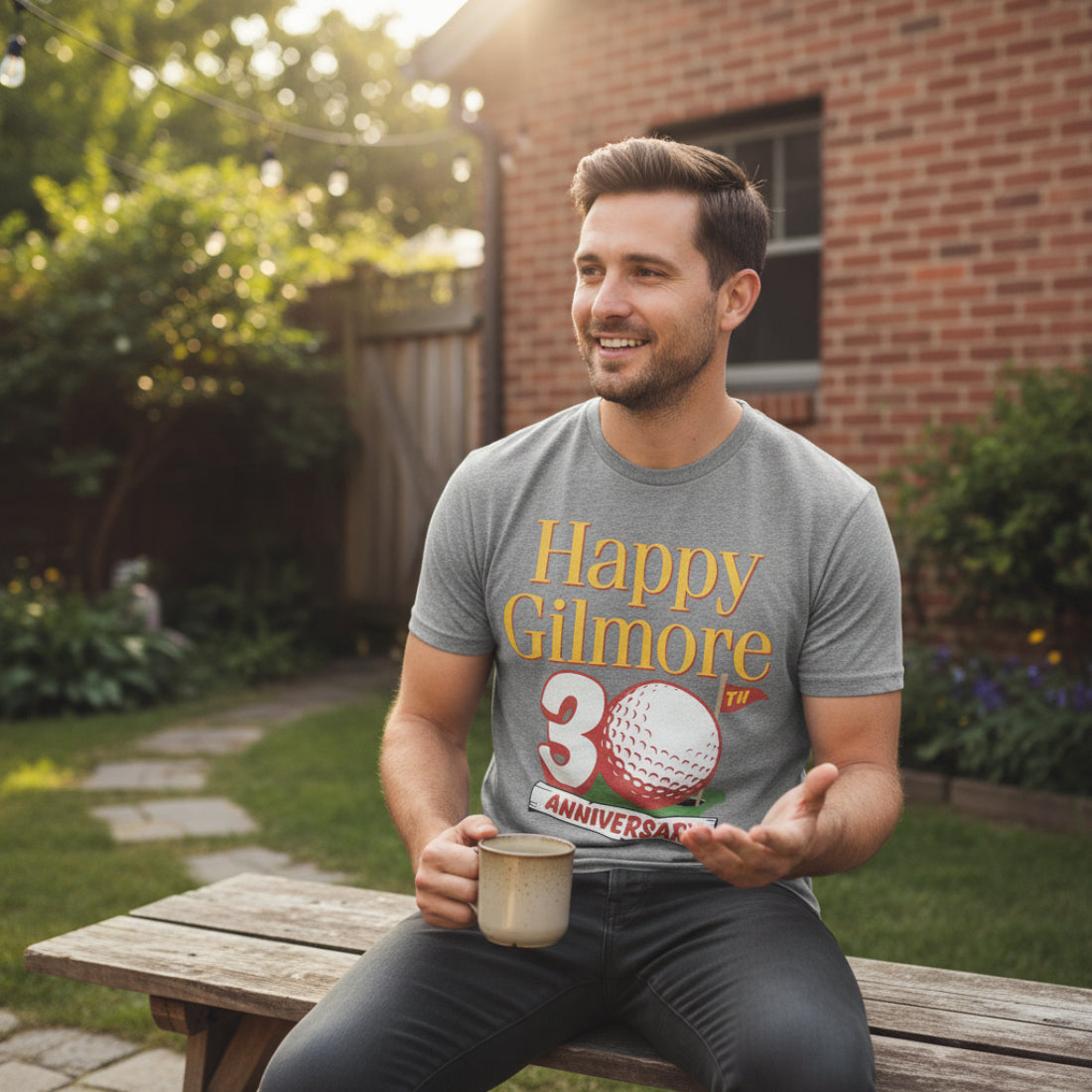 Gray t-shirt with 'Happy Gilmore' 30th anniversary graphic featuring a golf ball and flag. HGIL552S, HGIL552M, HGIL552L, HGIL552XL, HGIL552XXL, HGIL552XXXL, HGIL552XXXXL, HGIL552XXXXXL