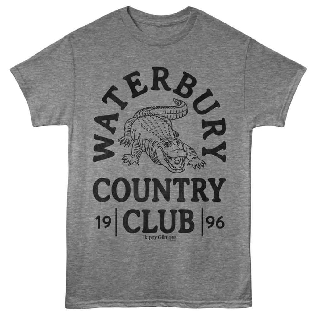 Gray Happy Gilmore  t-shirt with black graphic design featuring 'Waterbury Country Club' text and alligator illustration o