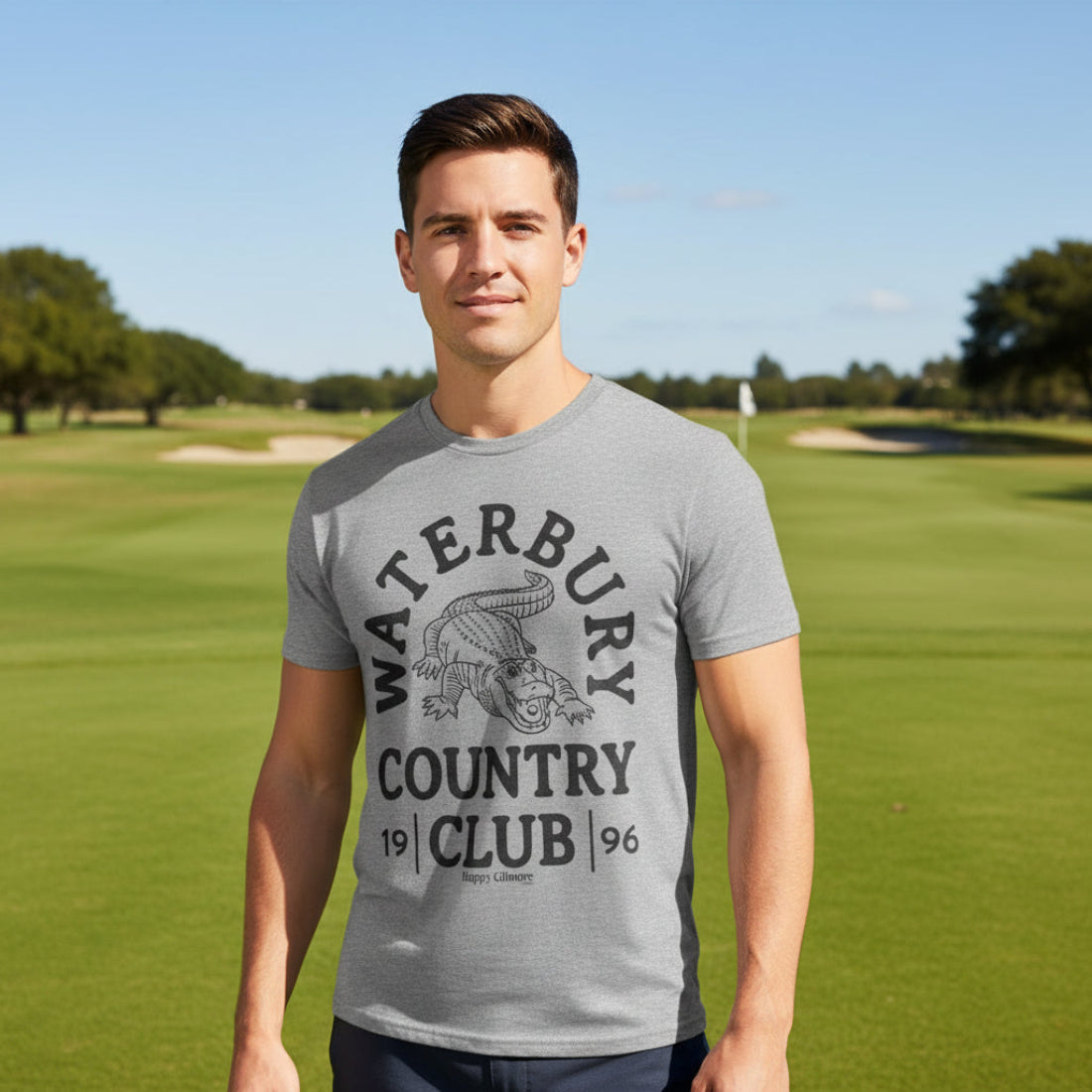 Gray Happy Gilmore t-shirt with black graphic design featuring an alligator and text  HGIL554S, HGIL554M, HGIL554L, HGIL554XL, HGIL554XXL, HGIL554XXXL, HGIL554XXXXL, HGIL554XXXXXL