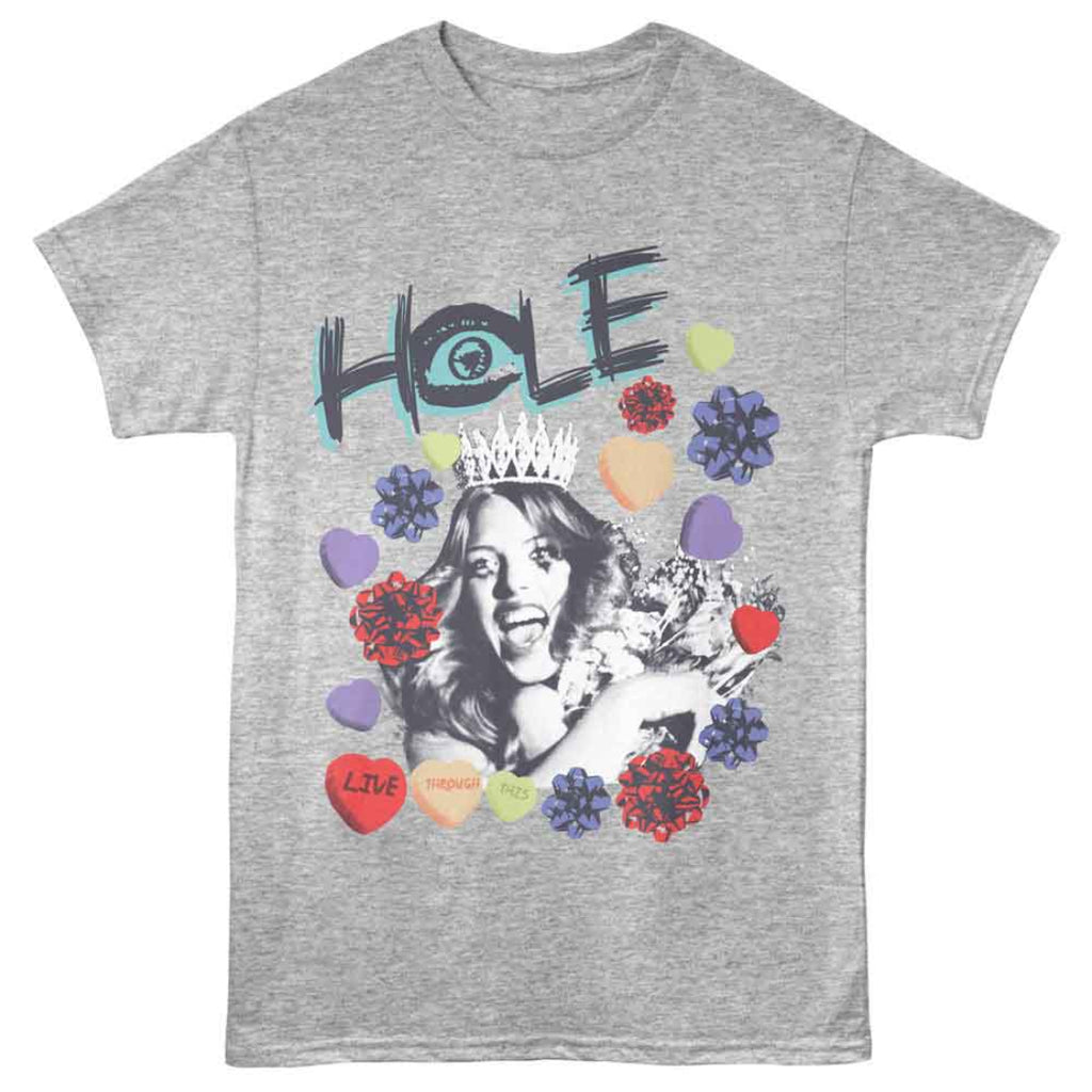 Gray t-shirt with 'Hole' band graphic featuring a central image and colorful elements 