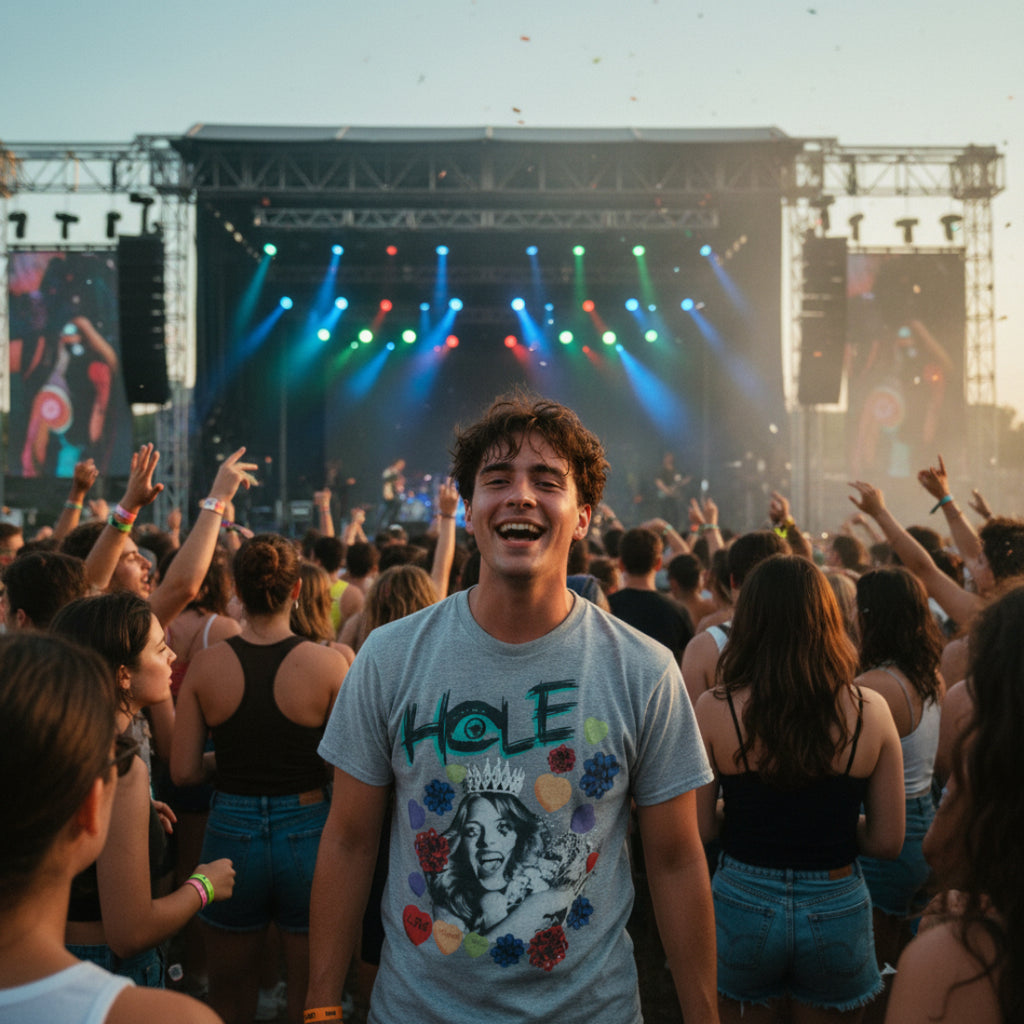 Man wearing Gray t-shirt with 'Hole' band graphic featuring a central image and colorful elements HOLE514S, HOLE514M, HOLE514L, HOLE514XL, HOLE514XXL, HOLE514XXXL, HOLE514XXXXL, HOLE514XXXXXL