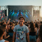 Man wearing Gray t-shirt with 'Hole' band graphic featuring a central image and colorful elements HOLE514S, HOLE514M, HOLE514L, HOLE514XL, HOLE514XXL, HOLE514XXXL, HOLE514XXXXL, HOLE514XXXXXL