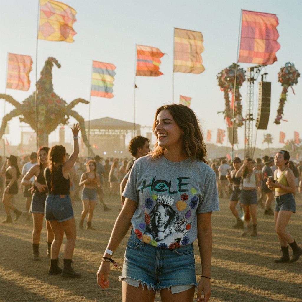Woman wearing Gray t-shirt with 'Hole' band graphic featuring a central image and colorful elements on a white background HOLE514S, HOLE514M, HOLE514L, HOLE514XL, HOLE514XXL, HOLE514XXXL, HOLE514XXXXL, HOLE514XXXXXL