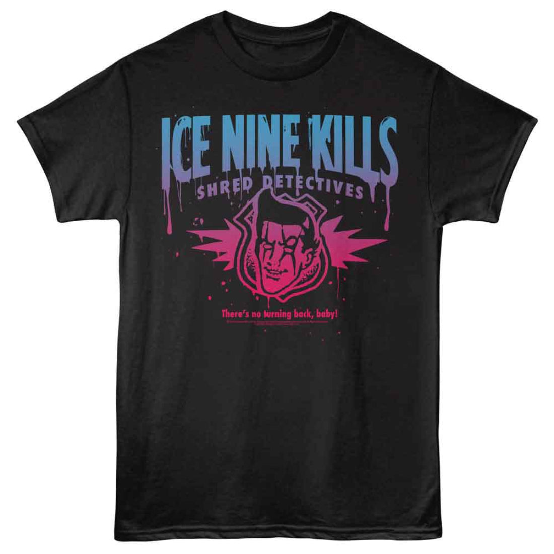 Black t-shirt with 'Ice Nine Kills' graphic design on a white background