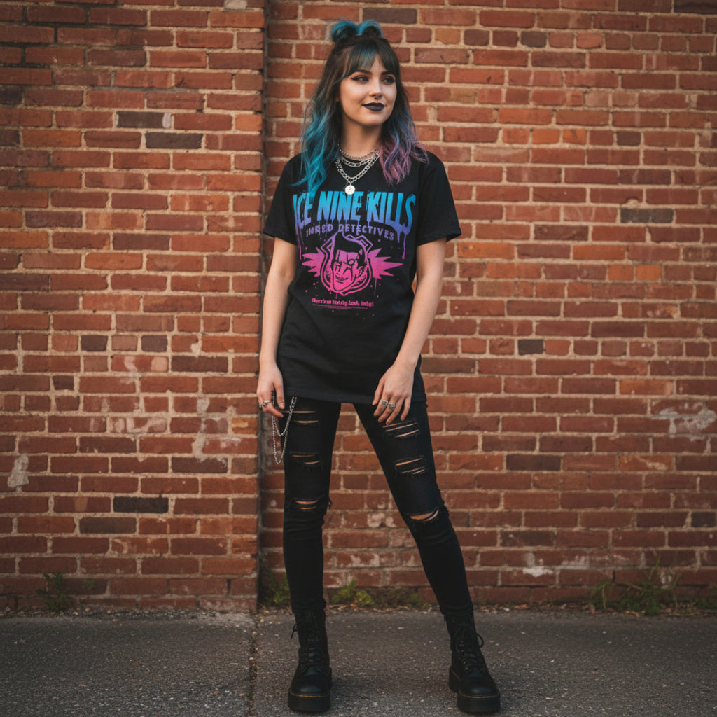WOMAN WEARING ICE NINE KILLS SHRED DETECTIVES TEE INK510-ACES, INK510-ACEM, INK510-ACEL, INK510-ACEXL, INK510-ACEXXL, INK510-ACEXXXL, INK510-ACEXXXXL, INK510-ACEXXXXXL
