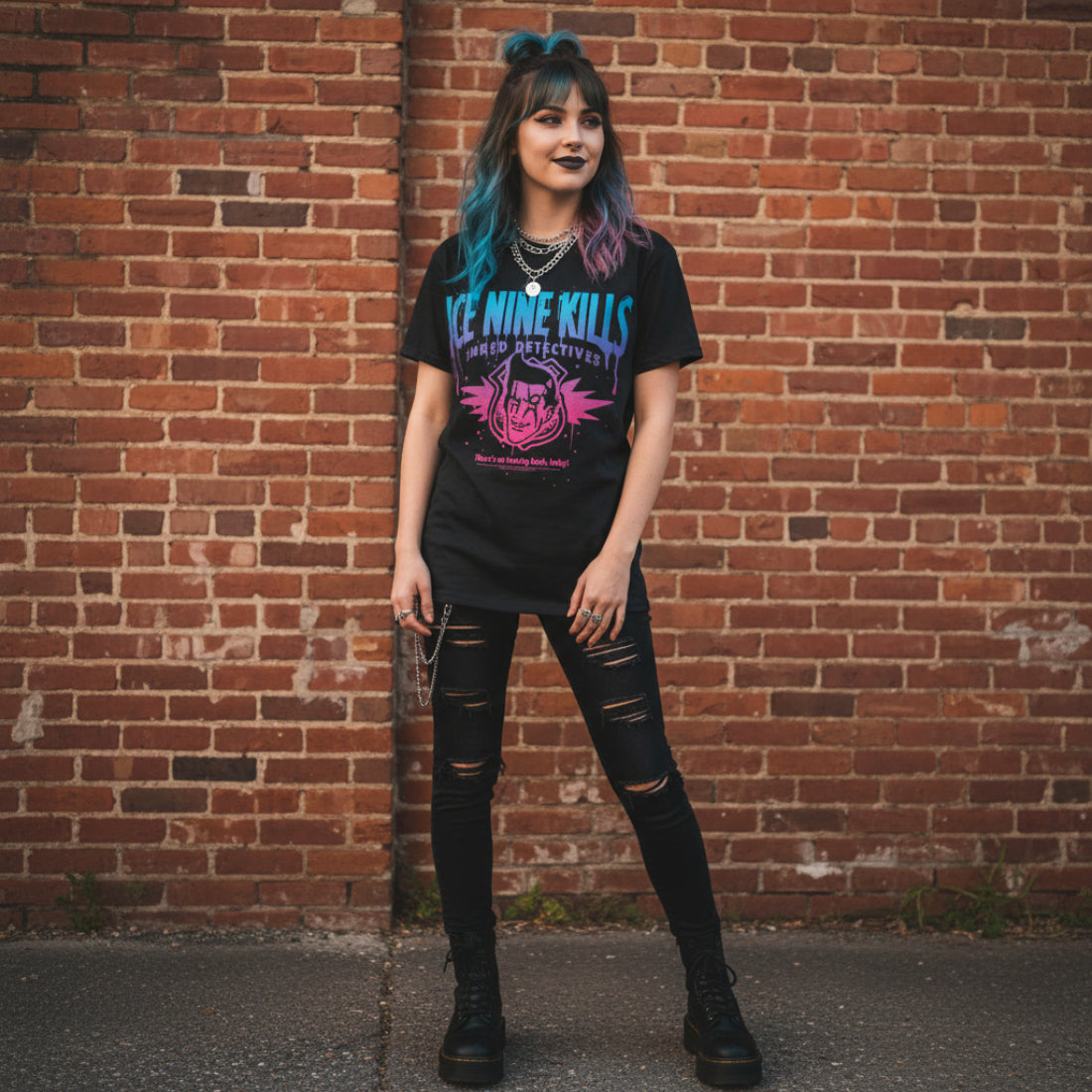 WOMAN WEARING ICE NINE KILLS SHRED DETECTIVES TEE INK510-ACES, INK510-ACEM, INK510-ACEL, INK510-ACEXL, INK510-ACEXXL, INK510-ACEXXXL, INK510-ACEXXXXL, INK510-ACEXXXXXL
