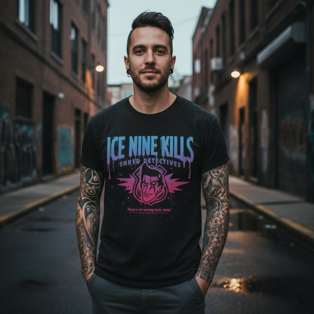 MAN WEARING ICE NINE KILLS SHRED DETECTIVES TEE INK510-ACES, INK510-ACEM, INK510-ACEL, INK510-ACEXL, INK510-ACEXXL, INK510-ACEXXXL, INK510-ACEXXXXL, INK510-ACEXXXXXL