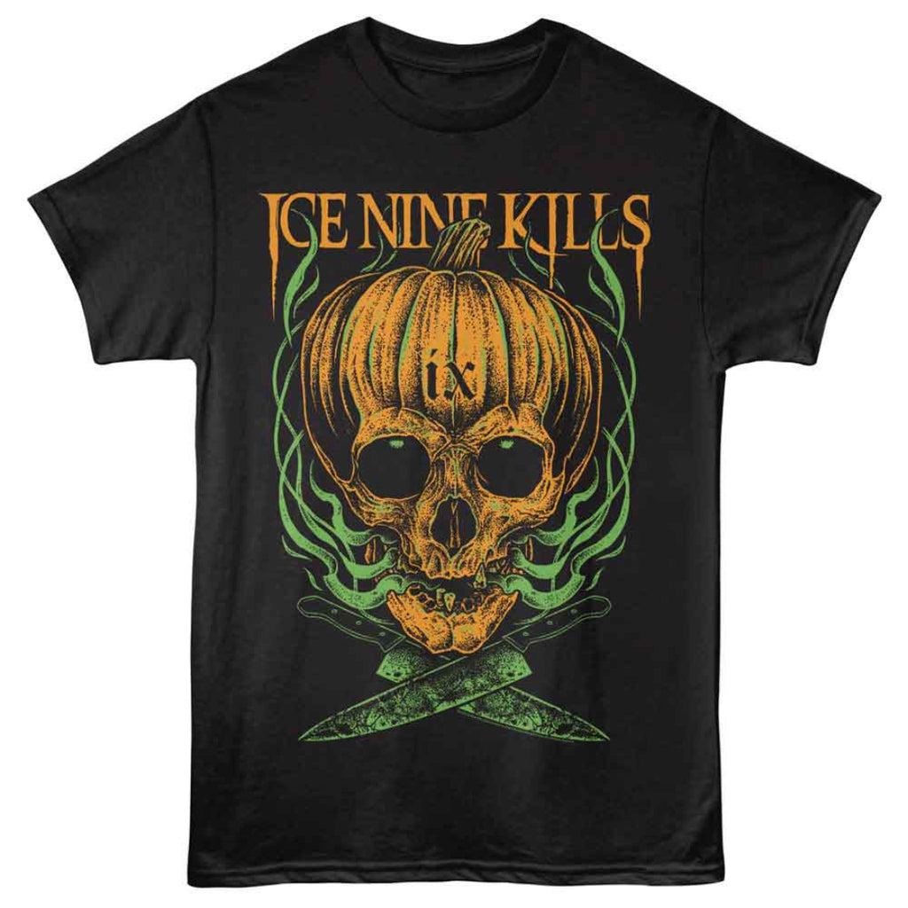 Black t-shirt with a pumpkin and skull design and 'Ice Nine Kills' text on a white background