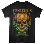 Black t-shirt with a pumpkin and skull design and 'Ice Nine Kills' text on a white background