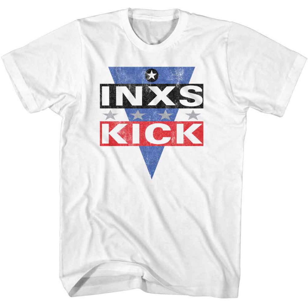 White t-shirt with INXS and KICK graphic design on a white background