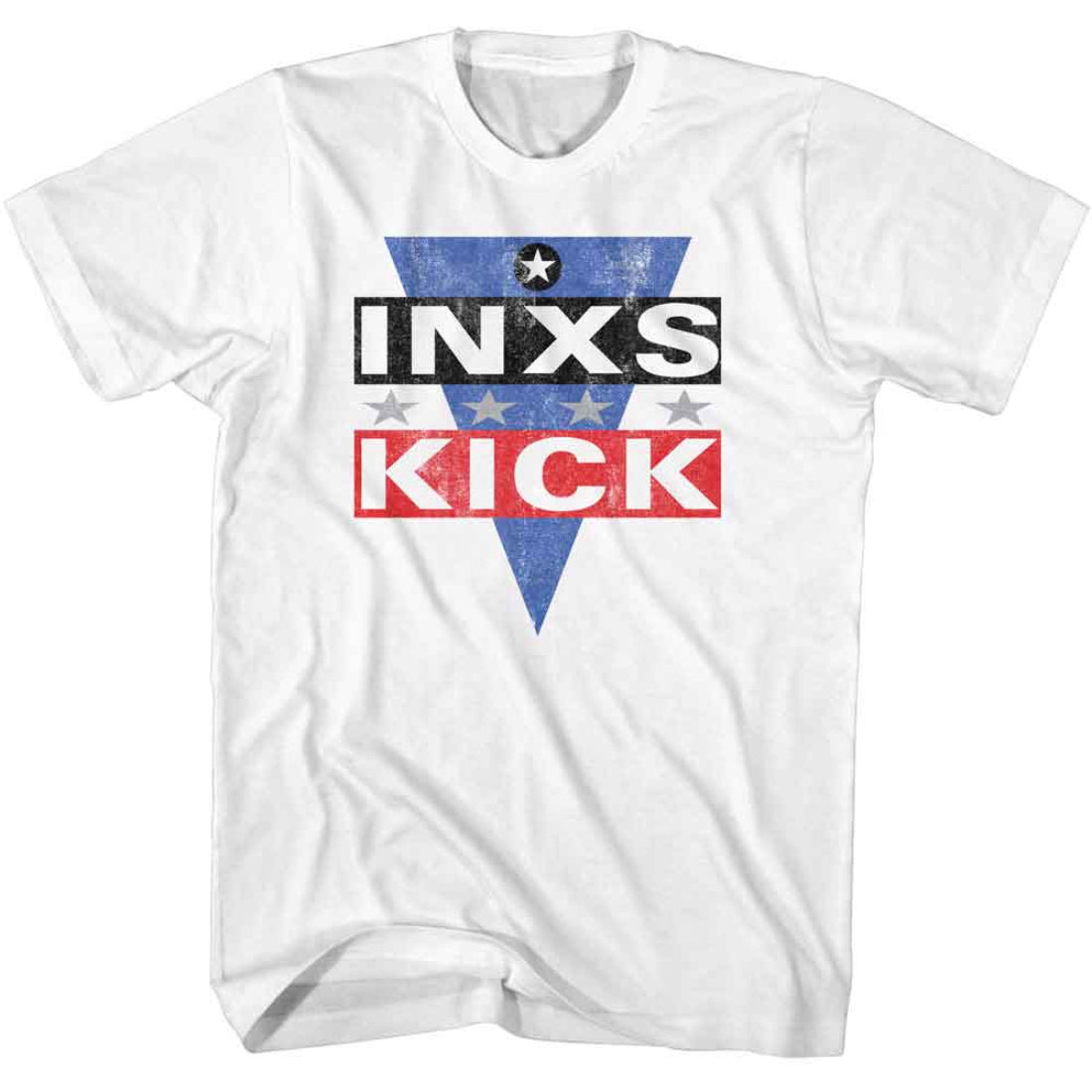 White t-shirt with INXS and KICK graphic design on a white background